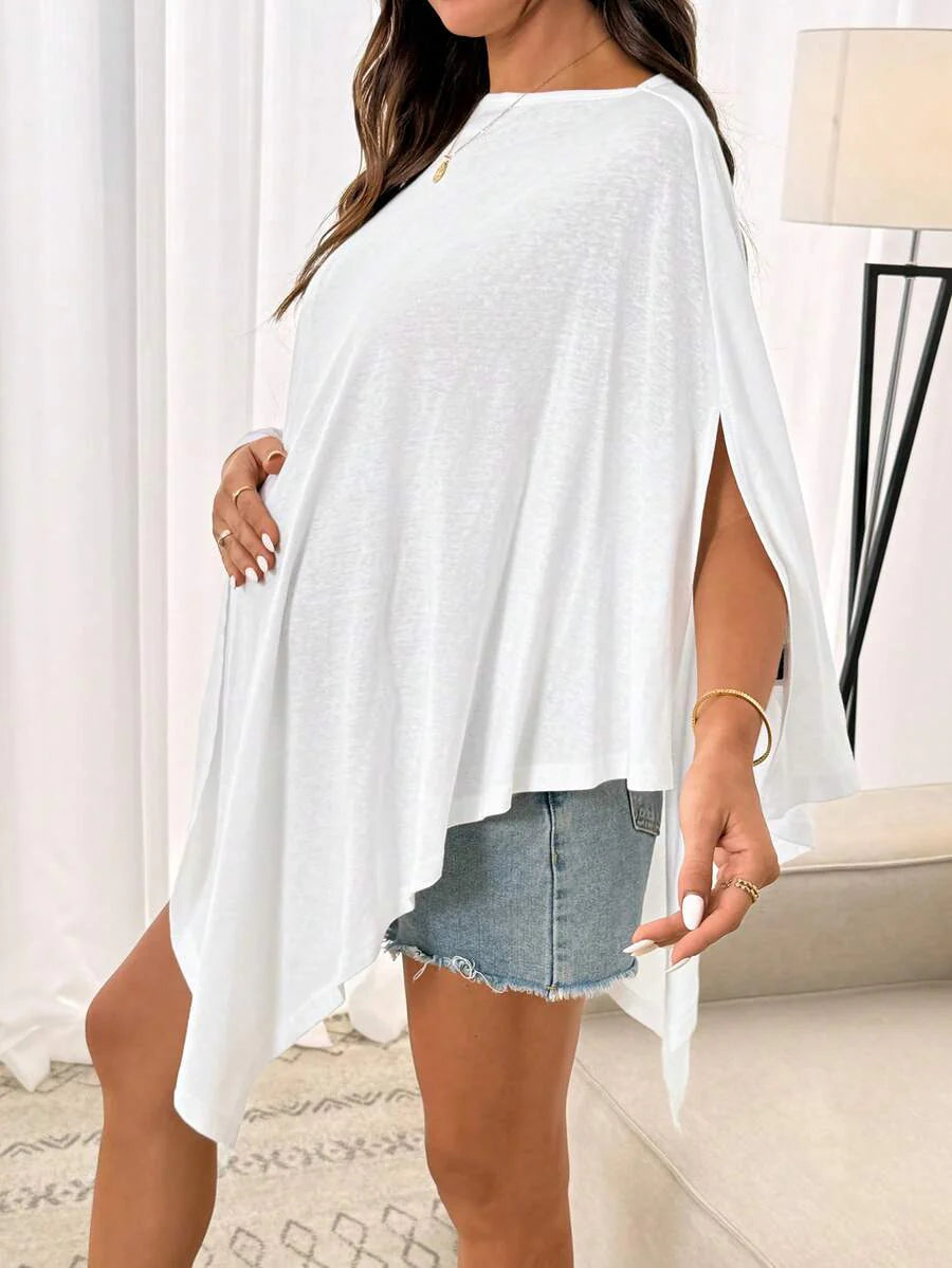 Maternity 100% Cotton Boat Neck T-Shirt - White Slim Fit Long Asymmetric Hem Sleepwear and Casual Vacation Loungewear Top