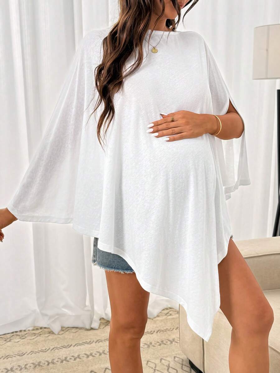 Maternity 100% Cotton Boat Neck T-Shirt - White Slim Fit Long Asymmetric Hem Sleepwear and Casual Vacation Loungewear Top