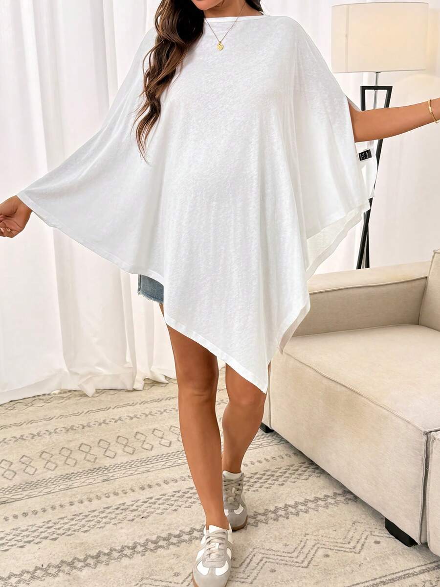 Maternity 100% Cotton Boat Neck T-Shirt - White Slim Fit Long Asymmetric Hem Sleepwear and Casual Vacation Loungewear Top