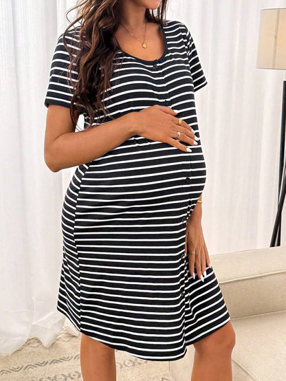 Maternity Striped Short Sleeve Pajama Dress Black Round Neck Casual Sleepwear and Loungewear Tee Dress for Pregnancy