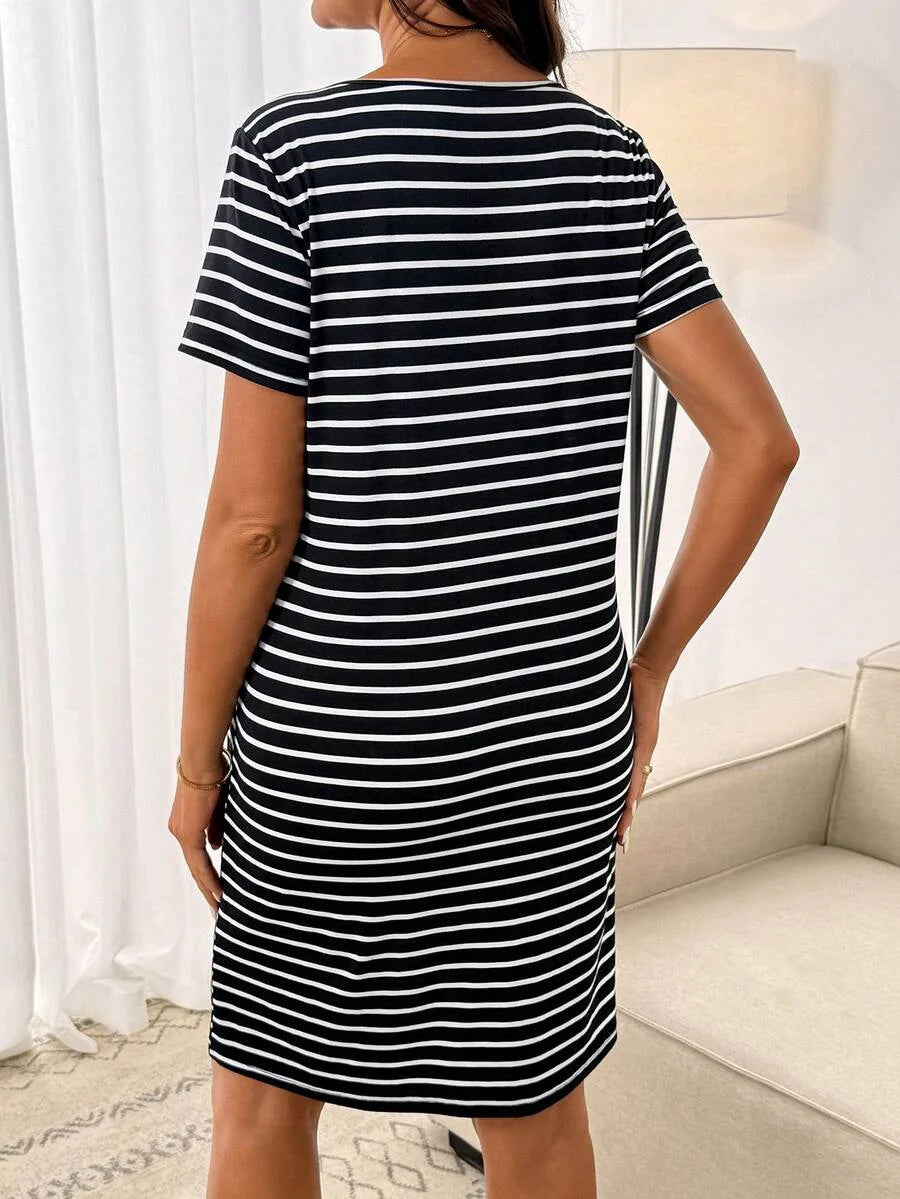 Maternity Striped Short Sleeve Pajama Dress Black Round Neck Casual Sleepwear and Loungewear Tee Dress for Pregnancy