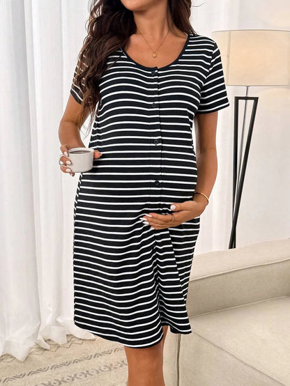 Maternity Striped Short Sleeve Pajama Dress Black Round Neck Casual Sleepwear and Loungewear Tee Dress for Pregnancy