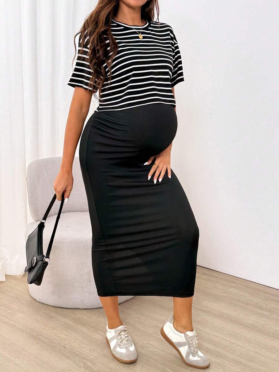 2-Piece Striped Maternity Set - Black Round Neck Crop Tee and Sleeveless Midi Cami Dress - Casual Loose Fit Knitted Maternity Outfit