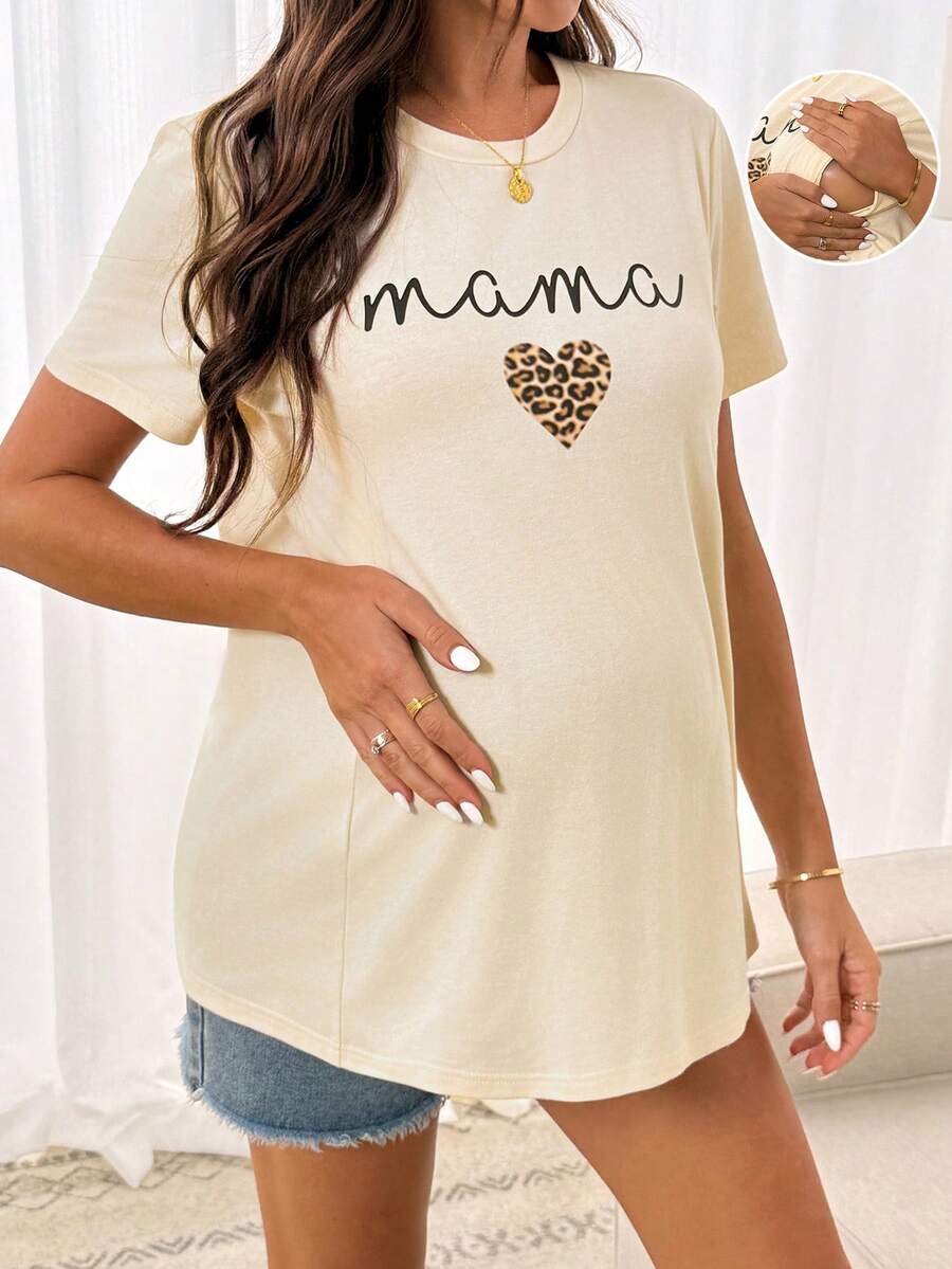 Maternity Tee - Casual Leopard Print Heart & Letter Graphic Short Sleeve Sleepwear, Summer