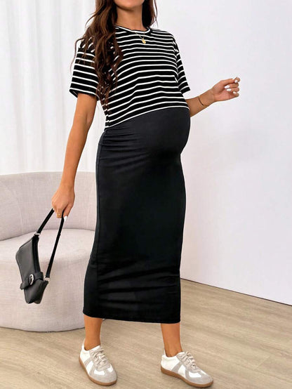 2-Piece Striped Maternity Set - Black Round Neck Crop Tee and Sleeveless Midi Cami Dress - Casual Loose Fit Knitted Maternity Outfit