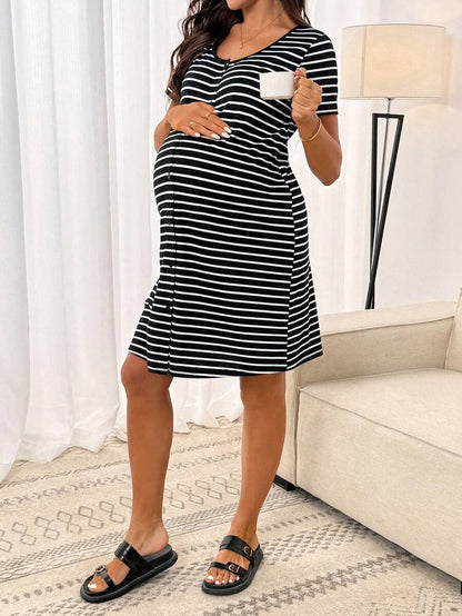 Maternity Striped Short Sleeve Pajama Dress Black Round Neck Casual Sleepwear and Loungewear Tee Dress for Pregnancy