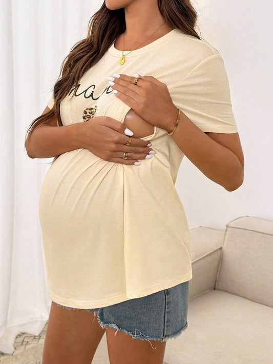 Maternity Tee - Casual Leopard Print Heart & Letter Graphic Short Sleeve Sleepwear, Summer