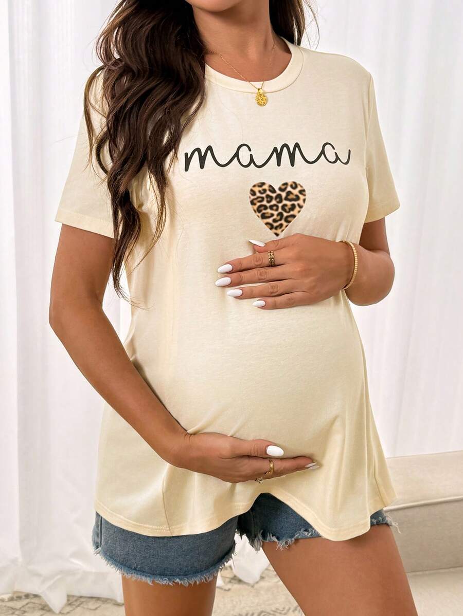 Maternity Tee - Casual Leopard Print Heart & Letter Graphic Short Sleeve Sleepwear, Summer