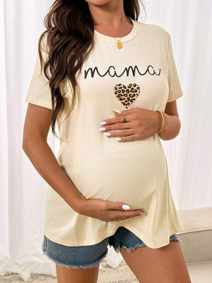 Maternity Tee - Casual Leopard Print Heart & Letter Graphic Short Sleeve Sleepwear, Summer