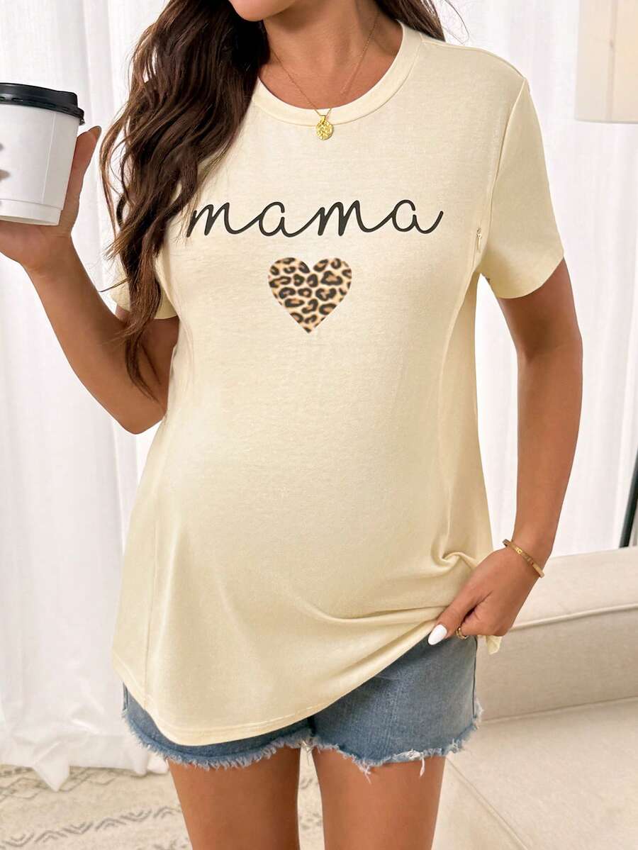 Maternity Tee - Casual Leopard Print Heart & Letter Graphic Short Sleeve Sleepwear, Summer