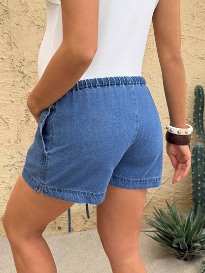 Maternity Denim Shorts - Elastic Waist Casual Loose Fit, Blue