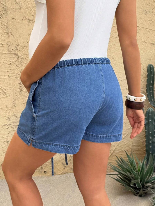 Maternity Denim Shorts - Elastic Waist Casual Loose Fit, Blue