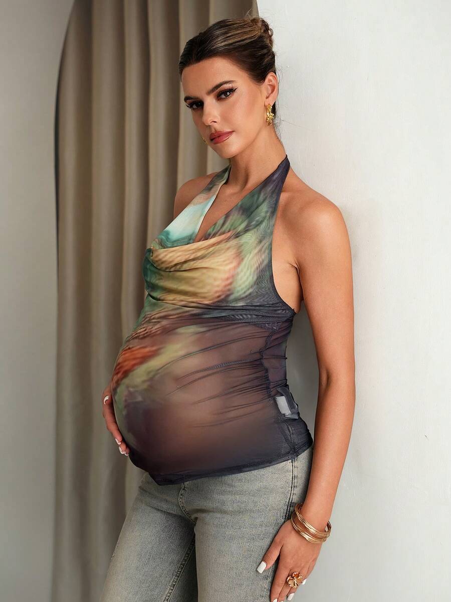 Summer Multi-Color Printed Maternity Vest - High Elasticity Draped Neck Tie-Dye Camisole