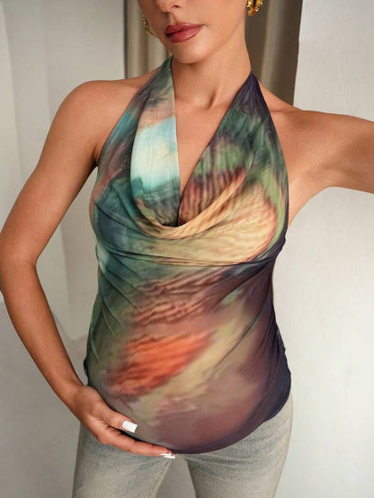 Summer Multi-Color Printed Maternity Vest - High Elasticity Draped Neck Tie-Dye Camisole