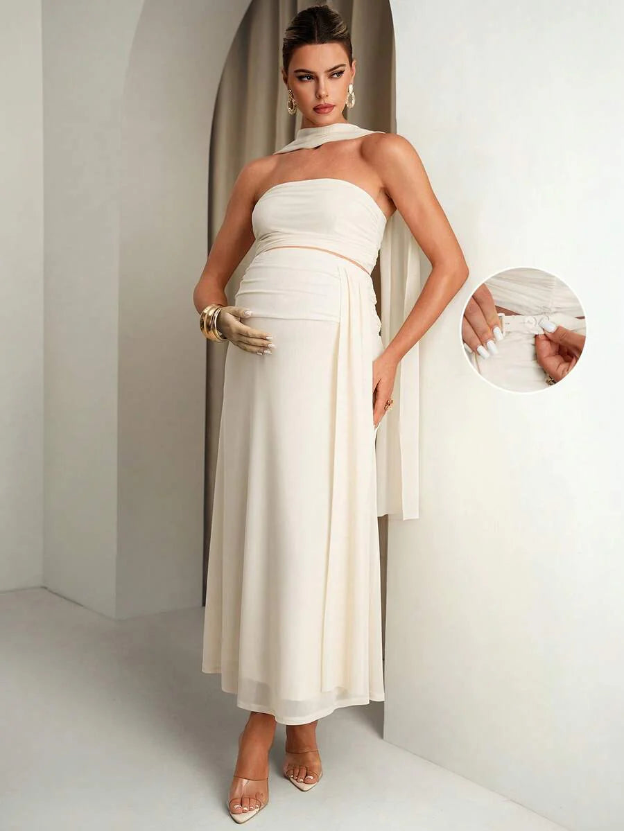 Maternity Clothes White,Summer,Elegant,Formal Two Piece Set,Comfortable Soft Highly Elastic Solid Tube Top And Adjustable Waist Skirt Vintage Outfit