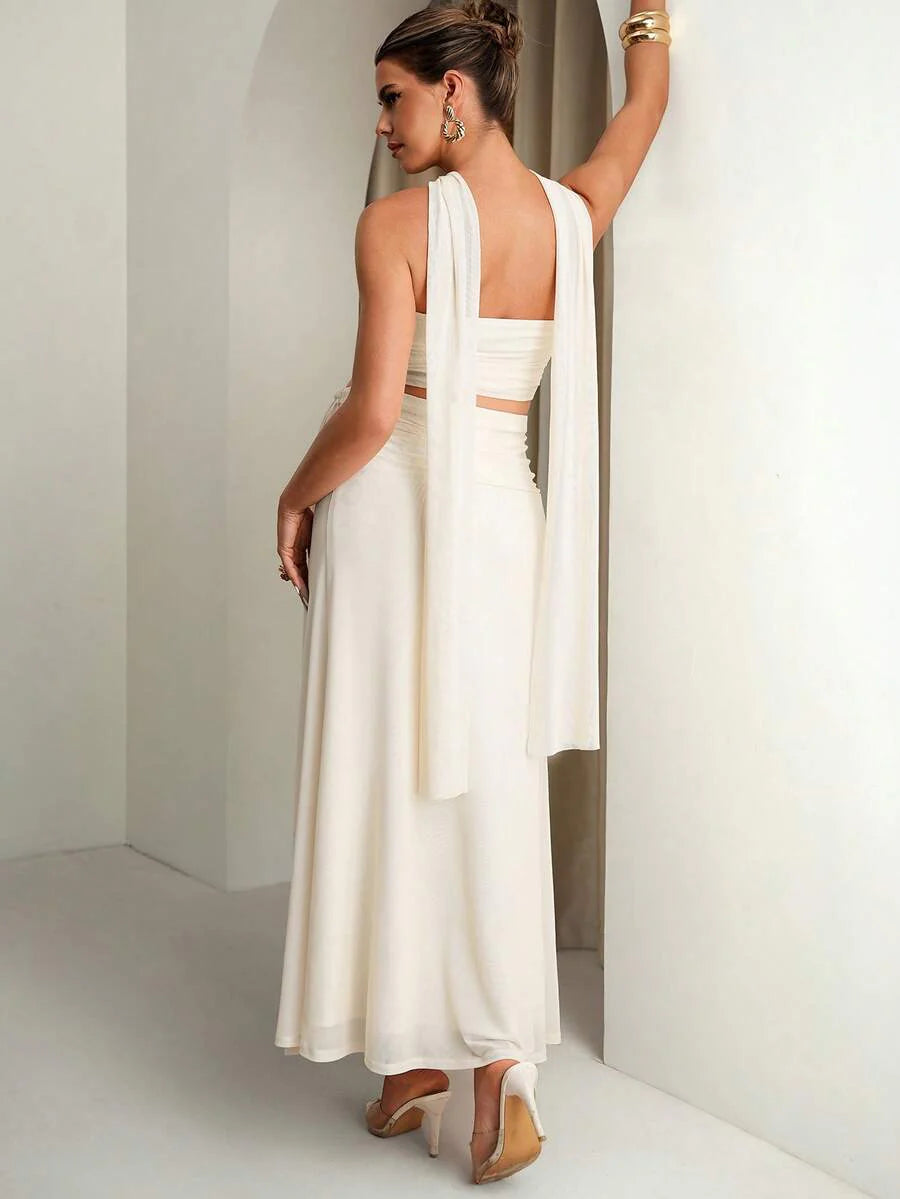 Maternity Clothes White,Summer,Elegant,Formal Two Piece Set,Comfortable Soft Highly Elastic Solid Tube Top And Adjustable Waist Skirt Vintage Outfit