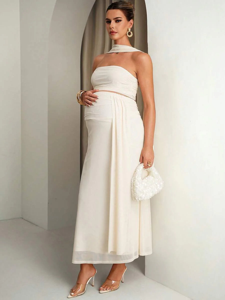 Maternity Clothes White,Summer,Elegant,Formal Two Piece Set,Comfortable Soft Highly Elastic Solid Tube Top And Adjustable Waist Skirt Vintage Outfit