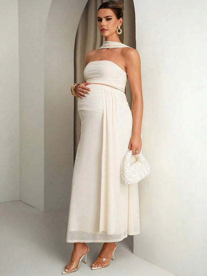 Maternity Clothes White,Summer,Elegant,Formal Two Piece Set,Comfortable Soft Highly Elastic Solid Tube Top And Adjustable Waist Skirt Vintage Outfit
