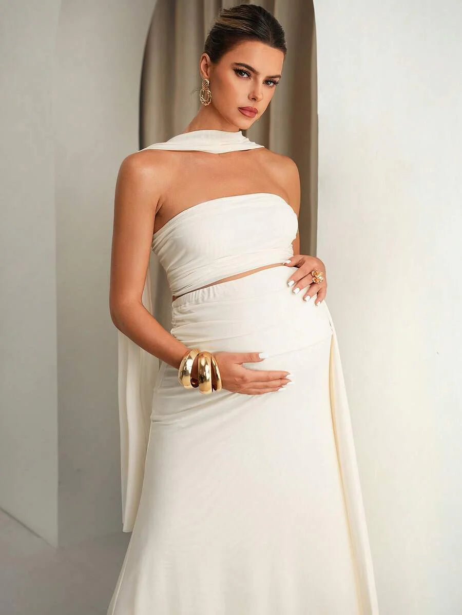 Maternity Clothes White,Summer,Elegant,Formal Two Piece Set,Comfortable Soft Highly Elastic Solid Tube Top And Adjustable Waist Skirt Vintage Outfit