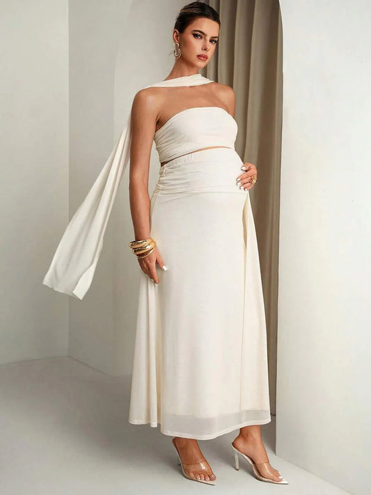 Maternity Clothes White,Summer,Elegant,Formal Two Piece Set,Comfortable Soft Highly Elastic Solid Tube Top And Adjustable Waist Skirt Vintage Outfit