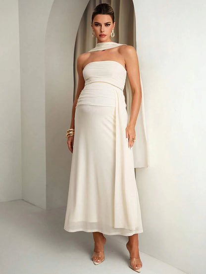 Maternity Clothes White,Summer,Elegant,Formal Two Piece Set,Comfortable Soft Highly Elastic Solid Tube Top And Adjustable Waist Skirt Vintage Outfit