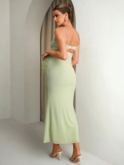 Maternity Clothes Dress Summer Pregnant Green With High Elasticity For Commuting Contrast Lace Ruffle Fitted Elegant Camisole