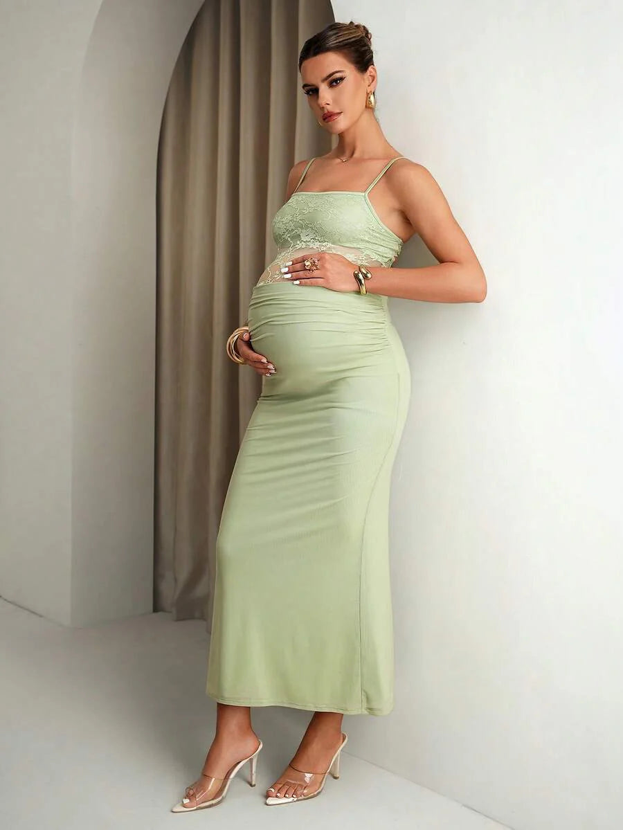 Maternity Clothes Dress Summer Pregnant Green With High Elasticity For Commuting Contrast Lace Ruffle Fitted Elegant Camisole