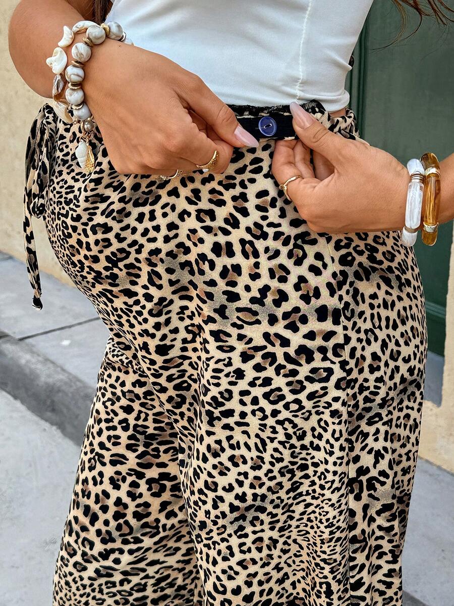 Brown Leopard Print Wide Leg Maternity Pants - Ultra High Waist Adjustable Drawstring Trousers - Loose Fit Casual Summer Holiday Outfit