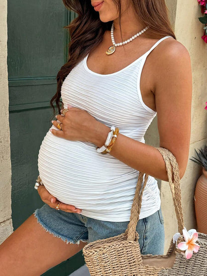 White Textured Maternity Camisole – Slim Fit Summer Tank Top