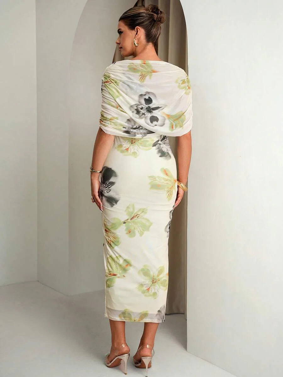 Elegant Blue Butterfly Floral Print Ruched Fitted Maternity Dress,Summer Babyshower Wedding Outfits For Pregnant Women,Formal Luxury Evening Dresses
