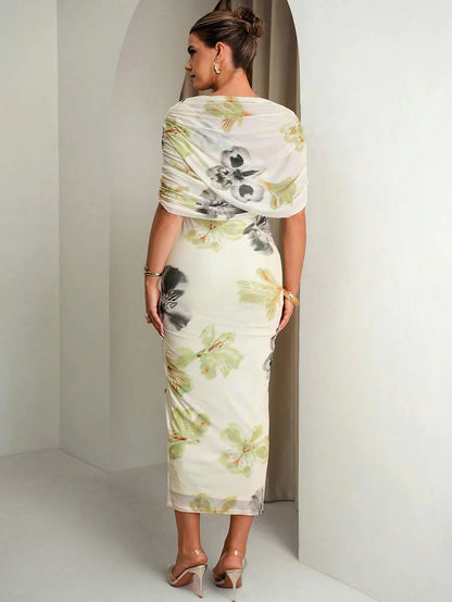 Elegant Blue Butterfly Floral Print Ruched Fitted Maternity Dress,Summer Babyshower Wedding Outfits For Pregnant Women,Formal Luxury Evening Dresses