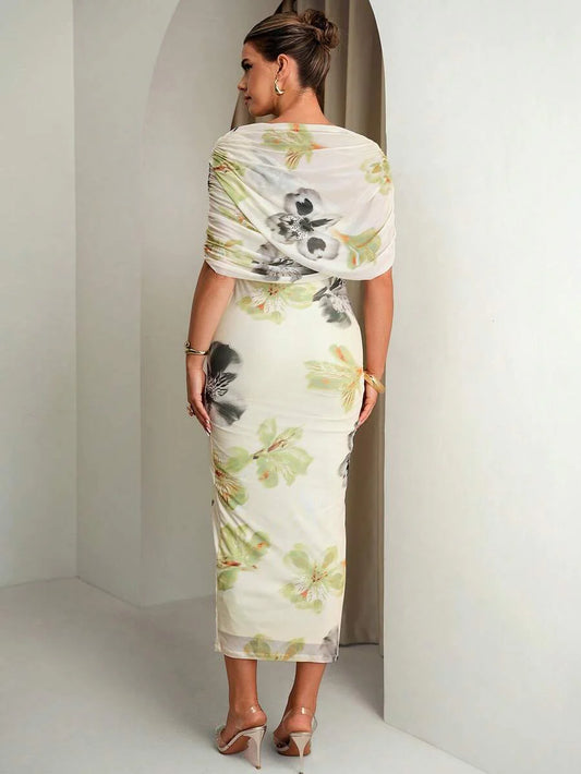 Elegant Blue Butterfly Floral Print Ruched Fitted Maternity Dress,Summer Babyshower Wedding Outfits For Pregnant Women,Formal Luxury Evening Dresses