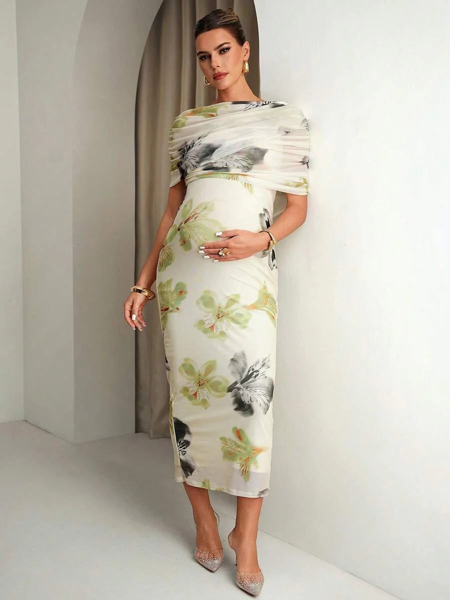 Elegant Blue Butterfly Floral Print Ruched Fitted Maternity Dress,Summer Babyshower Wedding Outfits For Pregnant Women,Formal Luxury Evening Dresses