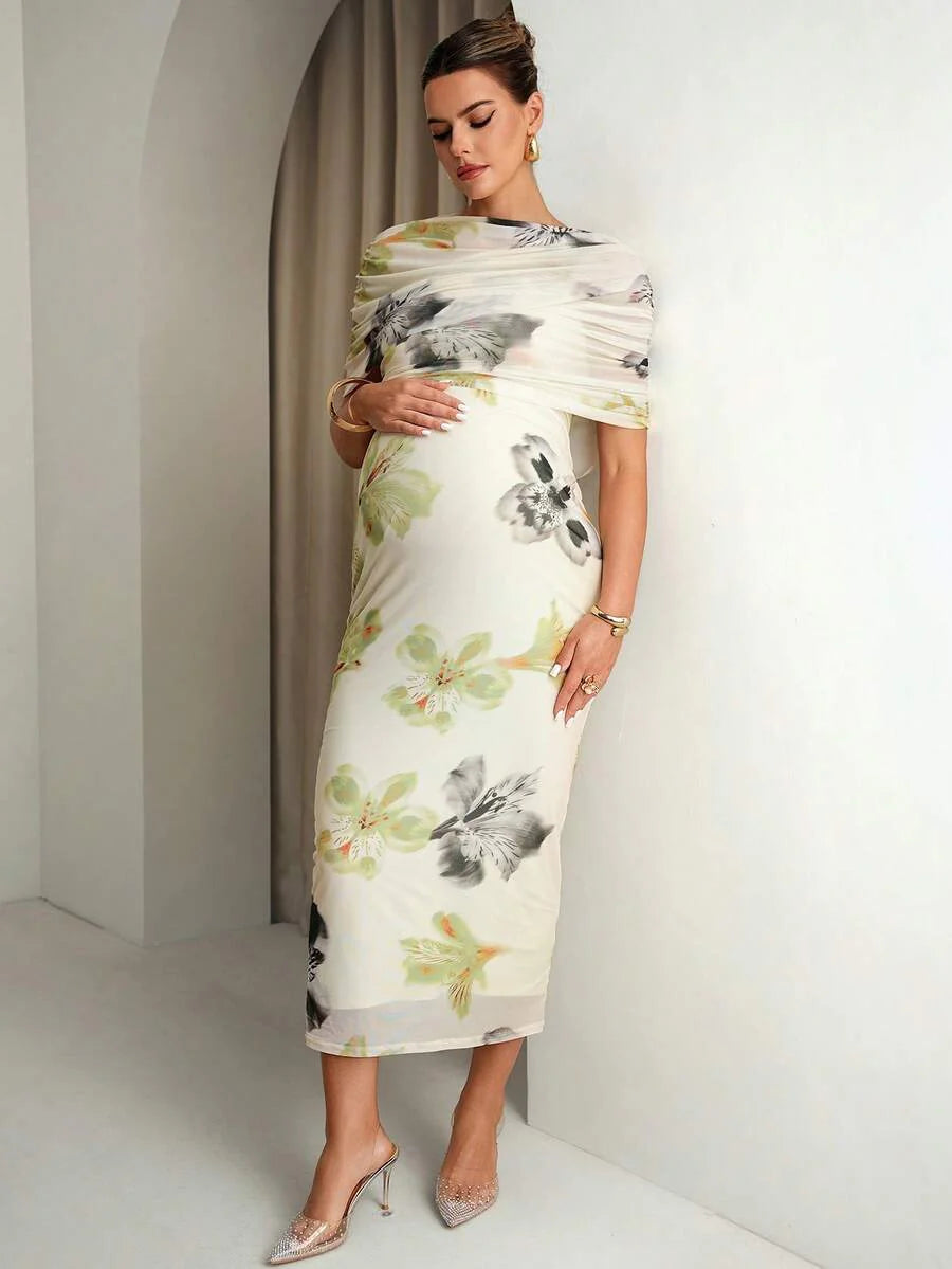 Elegant Blue Butterfly Floral Print Ruched Fitted Maternity Dress,Summer Babyshower Wedding Outfits For Pregnant Women,Formal Luxury Evening Dresses
