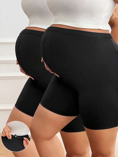 Plus Size Maternity Biker Shorts - Adjustable Waist Tummy Control Black