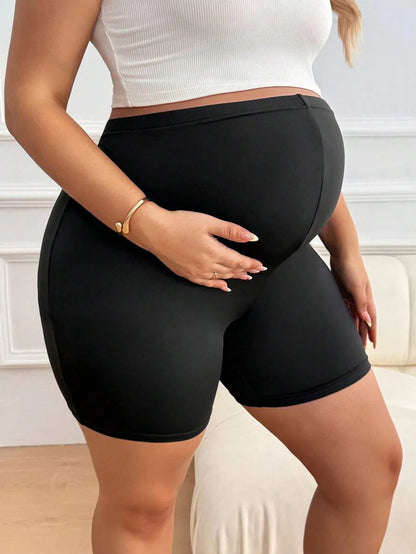 Plus Size Maternity Biker Shorts - Adjustable Waist Tummy Control Black