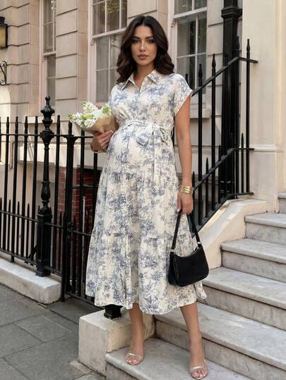 Maternity Allover Print Batwing Sleeve Belted Shirt Dress - Elegant Monochrome Tiered Hem Gown for Work, Vacation, and Summer Events