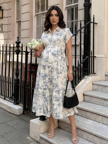 Maternity Allover Print Batwing Sleeve Belted Shirt Dress - Elegant Monochrome Tiered Hem Gown for Work, Vacation, and Summer Events