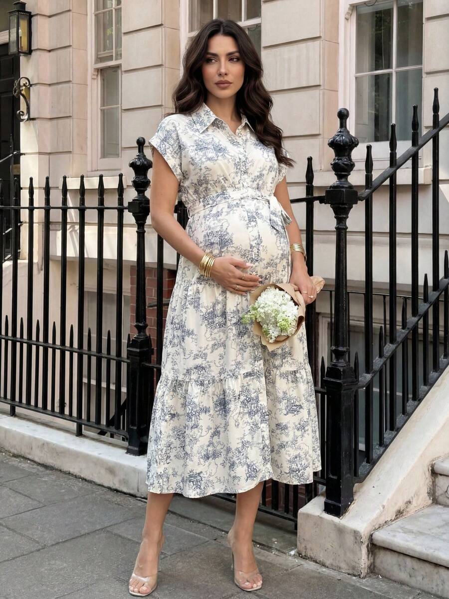 Maternity Allover Print Batwing Sleeve Belted Shirt Dress - Elegant Monochrome Tiered Hem Gown for Work, Vacation, and Summer Events