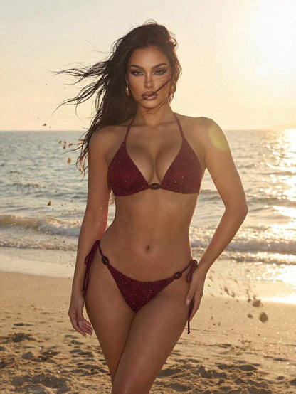 Swim Vcay 2026 Spring/Summer Green Special Fabric Women's Swimwear, Spaghetti Strap Halter Solid Color Sexy Side Tie Thong Bikini Two-Piece Swimwear Teal Bikini Tie Bikini Set Textured Bikini Triangle Bikini Triangle Bikini Set