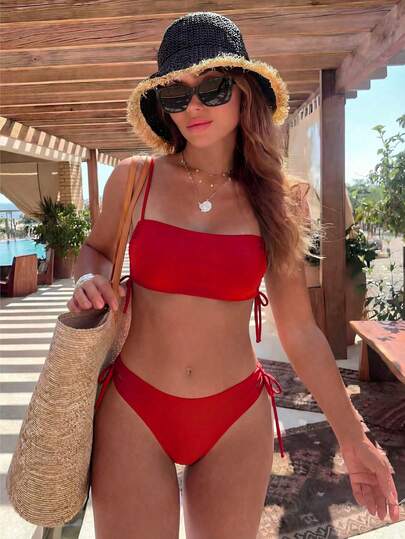 Swim Vcay Women's Solid Color Lace-Up Sexy Bikini Swimsuit Set, Wireless For Summer Beach Vacation