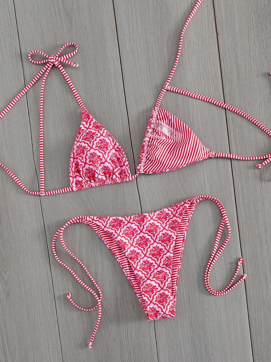 Womens Fashionable Sweet Shoulder Tie Side Bow Bikini Swimwear Removable Padded Two Piece Swimsuit Set