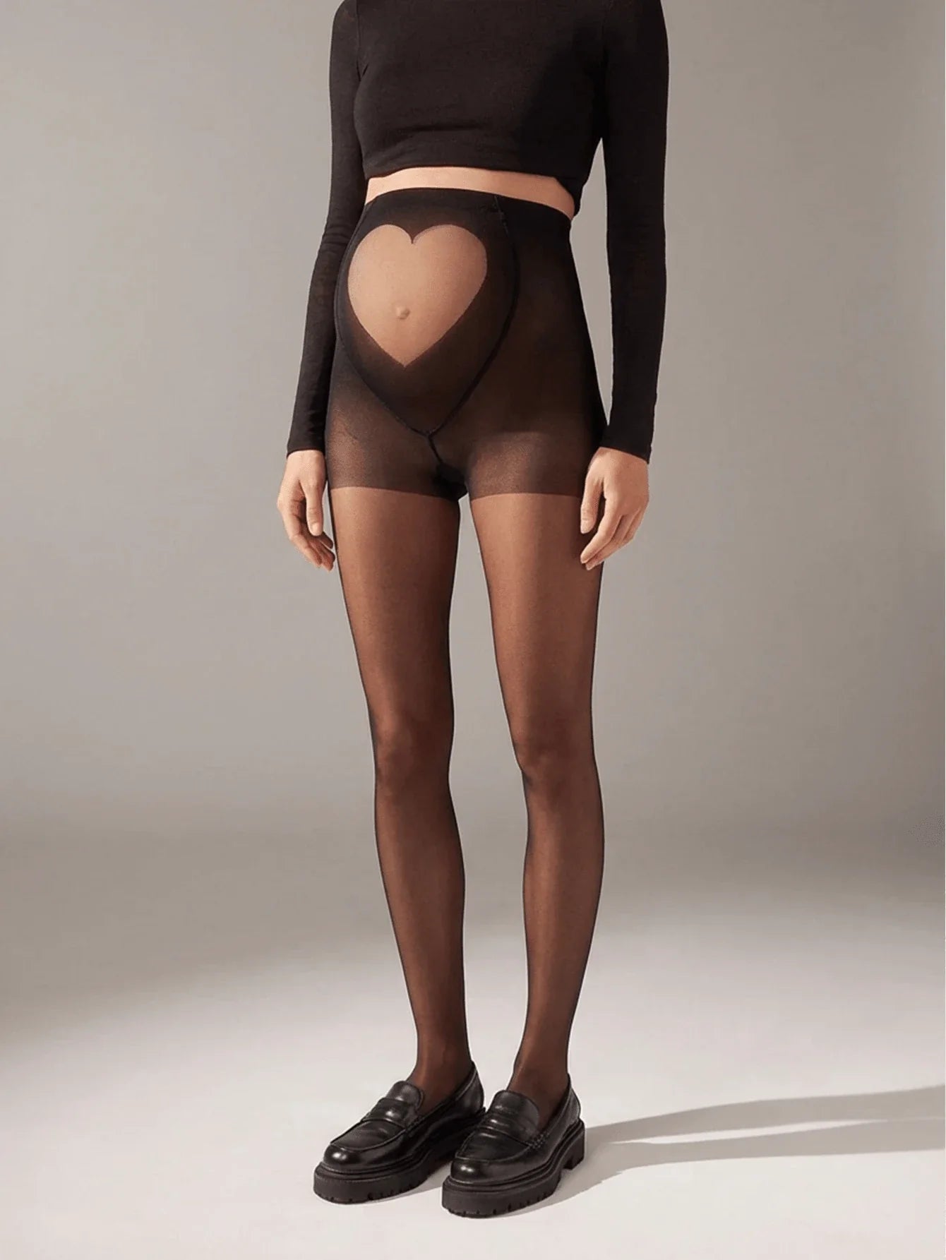 Maternity Heart Pattern Sheer Stockings - Black High-Waist Pregnancy Leggings for Spring/Summer - Sexy Nightclub Style Maternity Pantyhose