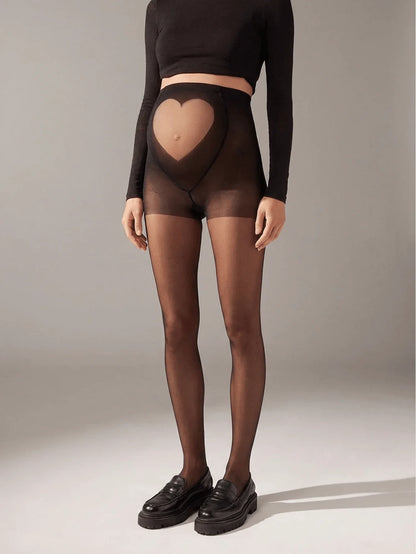 Maternity Heart Pattern Sheer Stockings - Black High-Waist Pregnancy Leggings for Spring/Summer - Sexy Nightclub Style Maternity Pantyhose