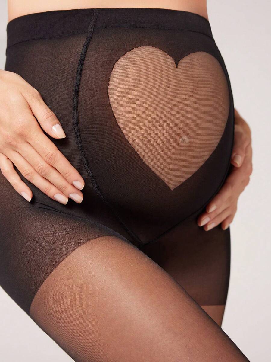 Maternity Heart Pattern Sheer Stockings - Black High-Waist Pregnancy Leggings for Spring/Summer - Sexy Nightclub Style Maternity Pantyhose