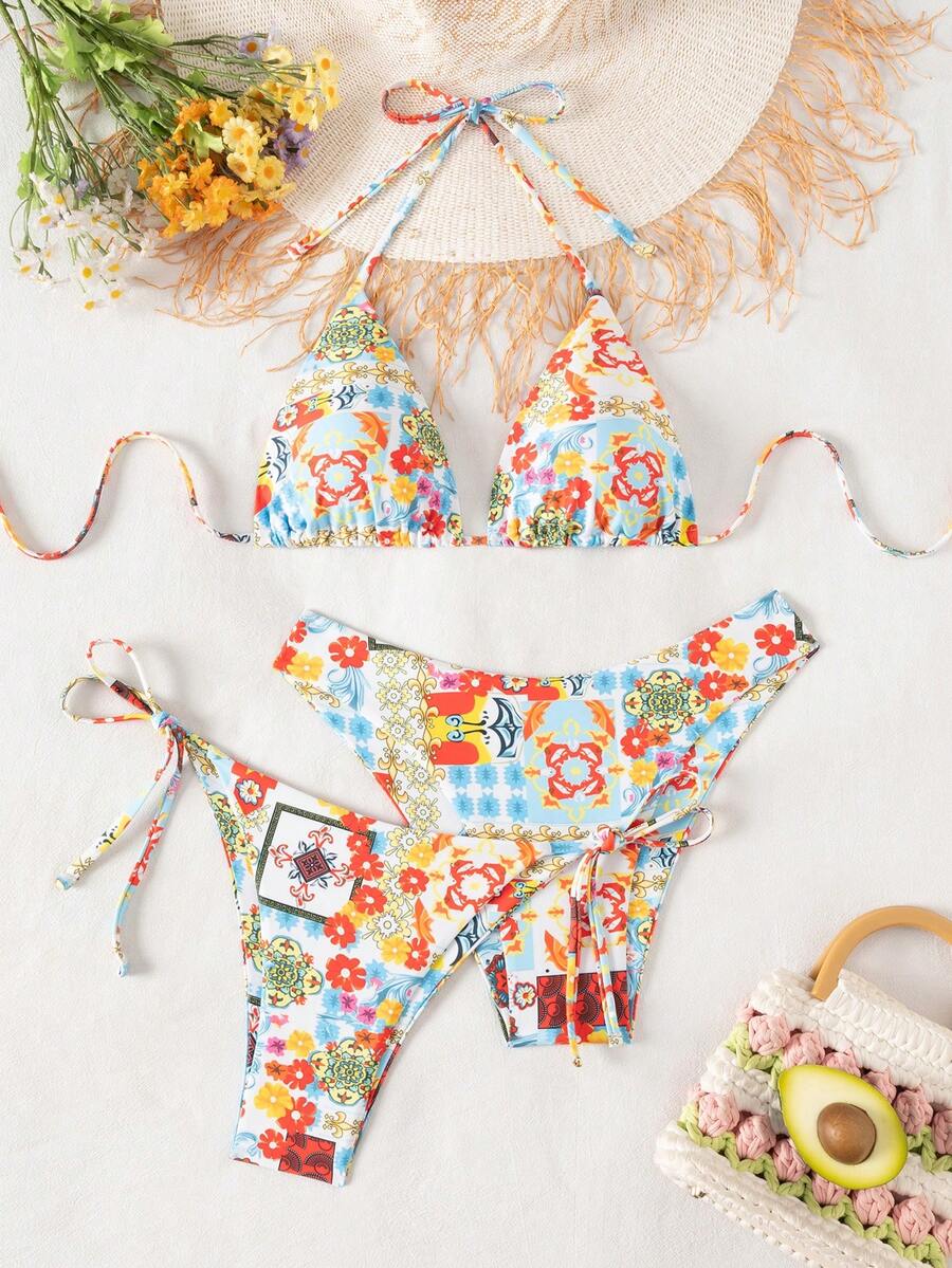Swim Vcay Summer Beach Women 3pcs/Set Solid Color Halter Backless Tie Top + Knotted Triangle Bikini Bottom + Triangle Bikini Set Set Animal Print Swim Wear Bathing Suit Sets Animal Print Bikini Cheetah Print Bathing Suit Women Swimwear Sets