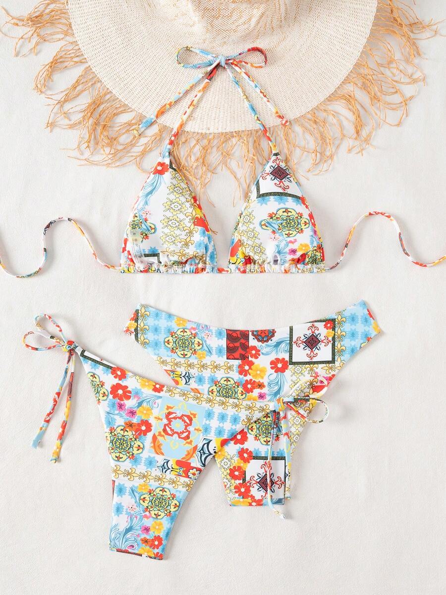 Swim Vcay Summer Beach Women 3pcs/Set Solid Color Halter Backless Tie Top + Knotted Triangle Bikini Bottom + Triangle Bikini Set Set Animal Print Swim Wear Bathing Suit Sets Animal Print Bikini Cheetah Print Bathing Suit Women Swimwear Sets