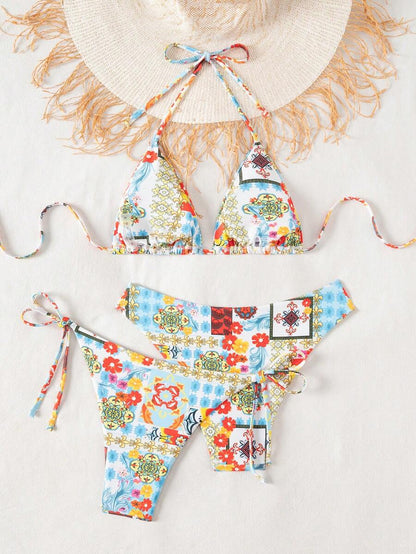 Swim Vcay Summer Beach Women 3pcs/Set Solid Color Halter Backless Tie Top + Knotted Triangle Bikini Bottom + Triangle Bikini Set Set Animal Print Swim Wear Bathing Suit Sets Animal Print Bikini Cheetah Print Bathing Suit Women Swimwear Sets