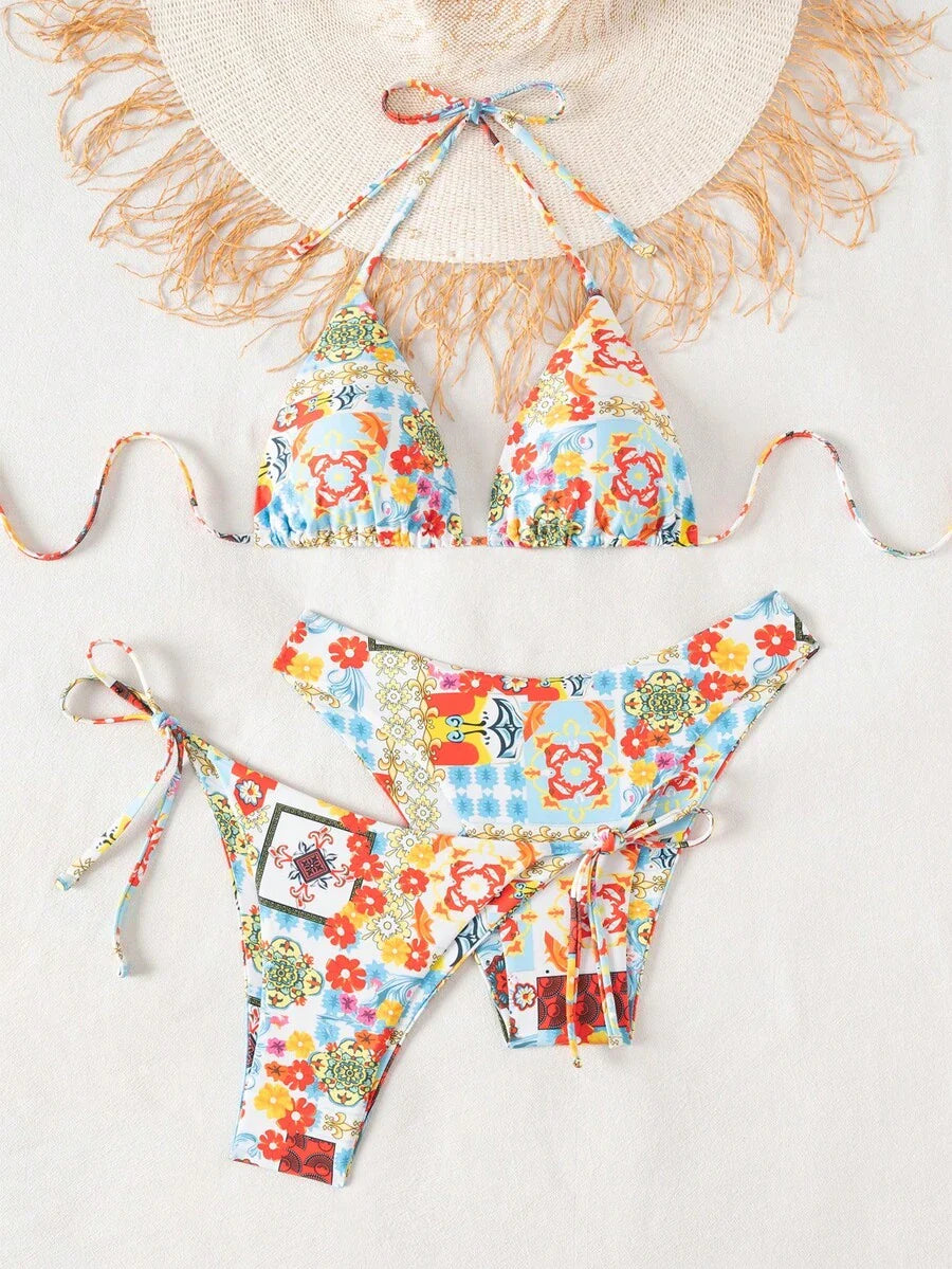 Swim Vcay Summer Beach Women 3pcs/Set Solid Color Halter Backless Tie Top + Knotted Triangle Bikini Bottom + Triangle Bikini Set Set Animal Print Swim Wear Bathing Suit Sets Animal Print Bikini Cheetah Print Bathing Suit Women Swimwear Sets