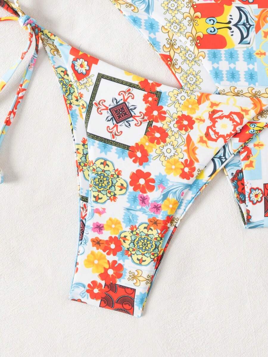 Swim Vcay Summer Beach Women 3pcs/Set Solid Color Halter Backless Tie Top + Knotted Triangle Bikini Bottom + Triangle Bikini Set Set Animal Print Swim Wear Bathing Suit Sets Animal Print Bikini Cheetah Print Bathing Suit Women Swimwear Sets